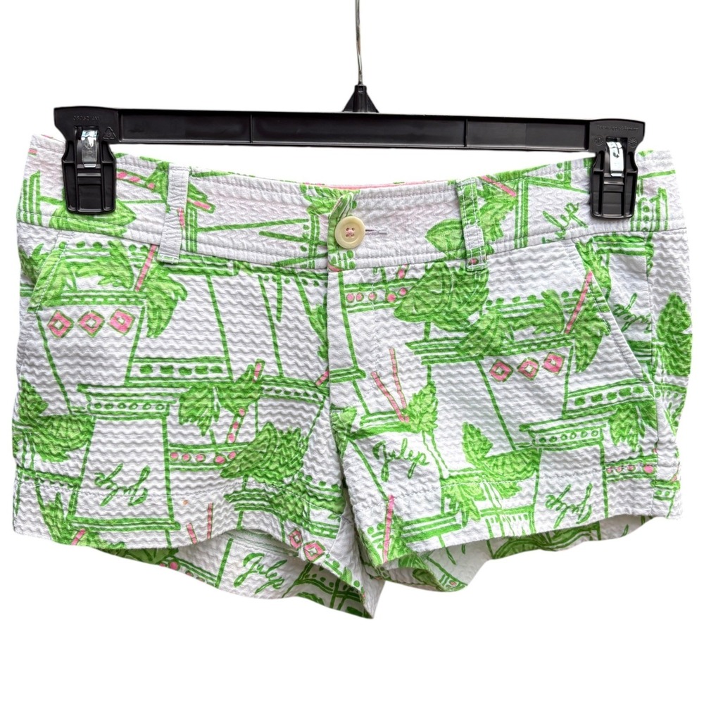Lilly Pulitzer Womens 4 Walsh Short Green Julep Cocktail Print Seersucker Cotton